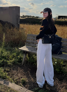 tingtings 灰色加绒休闲裤女秋冬新款舒适宽松慵懒裤子运动阔腿裤