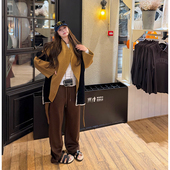 tingtings 子宽松阔腿裤 咖色加绒保暖休闲裤 女秋冬高级耗牛绒裤