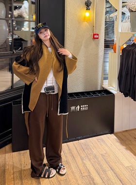 tingtings 咖色加绒保暖休闲裤女秋冬高级耗牛绒裤子宽松阔腿裤