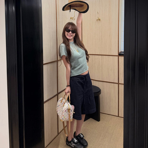 深蓝抽绳牛仔中裤女宽松显瘦短裤