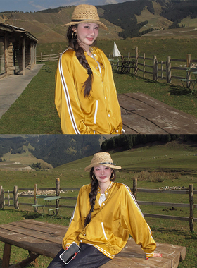 tingtings 黄色刺绣立领棒球服外套女秋季新款减龄运动夹克上衣