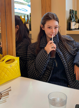 tingtings 藏青格纹立领羽绒服外套女冬季短款保暖鸭绒面包服上衣