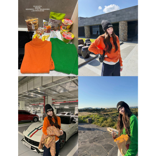 tingtings绿色100羊毛衫 舒适软内搭糯圆领毛衣 针织上衣女秋冬新款