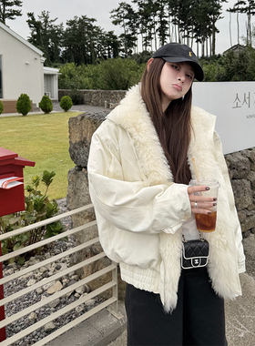 tingtings 托卡毛领羊毛白色派克羽绒服外套女冬季保暖95白鹅绒服