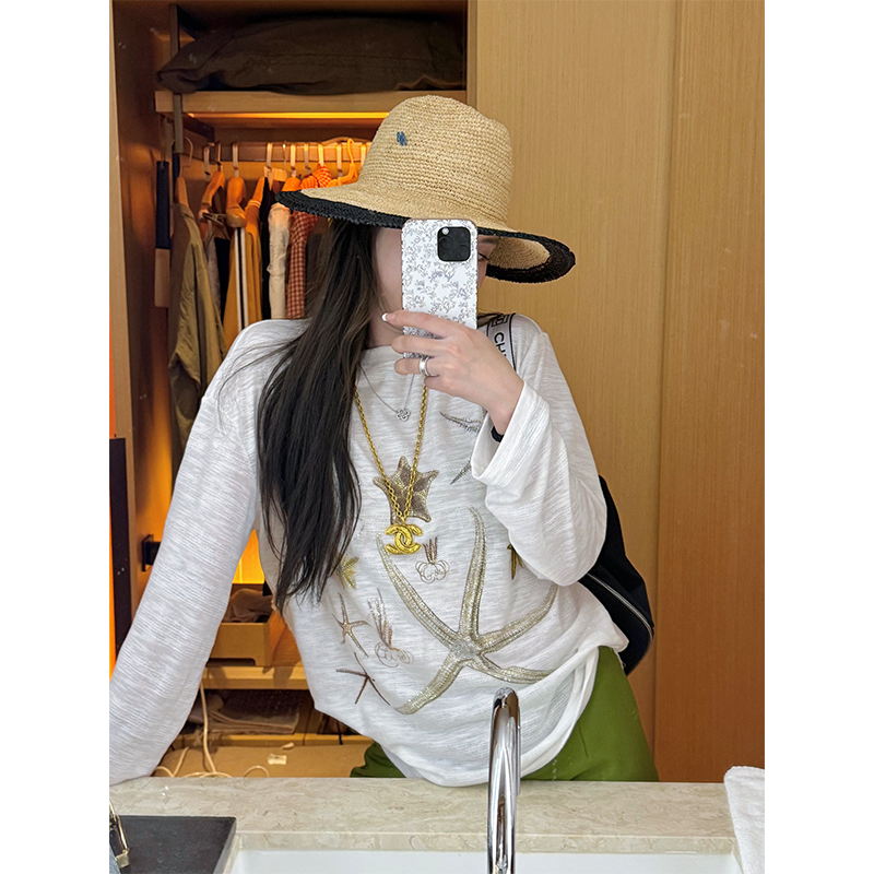 烫钻印花长袖t恤女宽松罩衫上衣