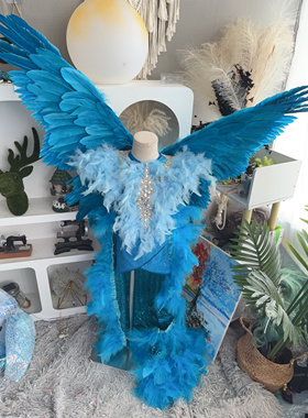 出租出售新款儿童蓝色羽毛翅膀舞台走秀表演服亚特兰蒂斯公主礼服