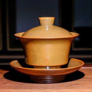 古法龙窑柴烧建盏大号黄铜色纯手工纯手工三才盖碗铁胎原矿