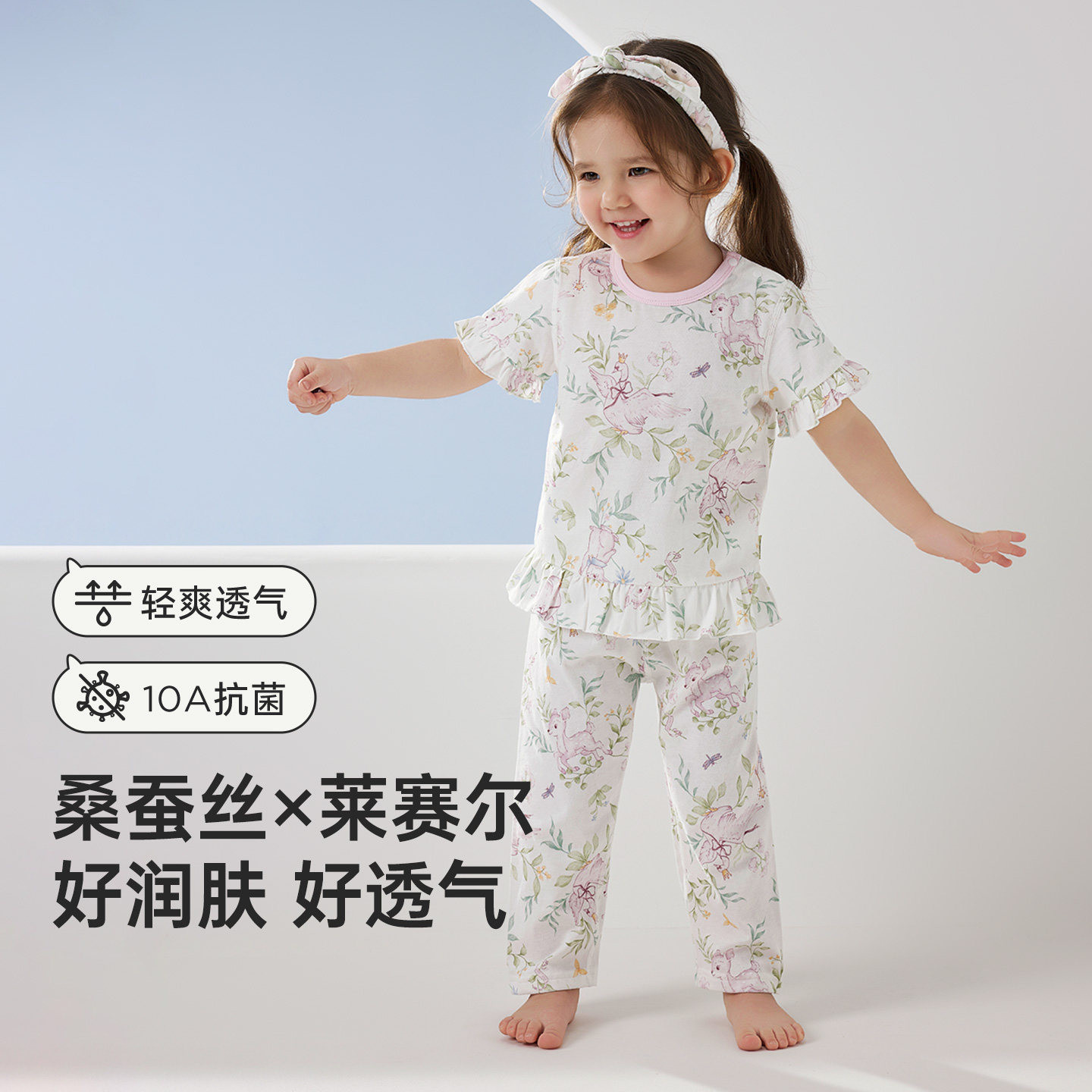 威尔贝鲁女童家居服套装夏季2026新款花边短袖空调服A级女宝睡衣