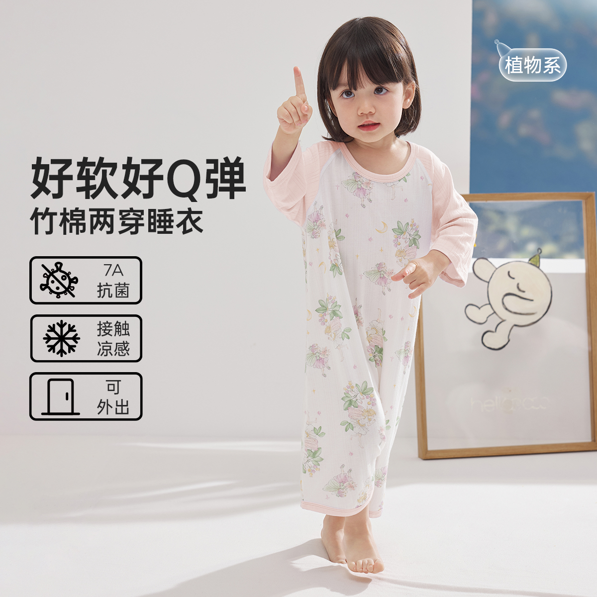 威尔贝鲁儿童睡袍婴儿家居服竹棉2025女童睡裙薄款防踢睡衣空调服