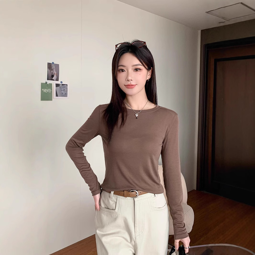 春夏薄款长袖T恤防晒空调打底衫外搭轻奢圆领天丝套头罩衫女内搭