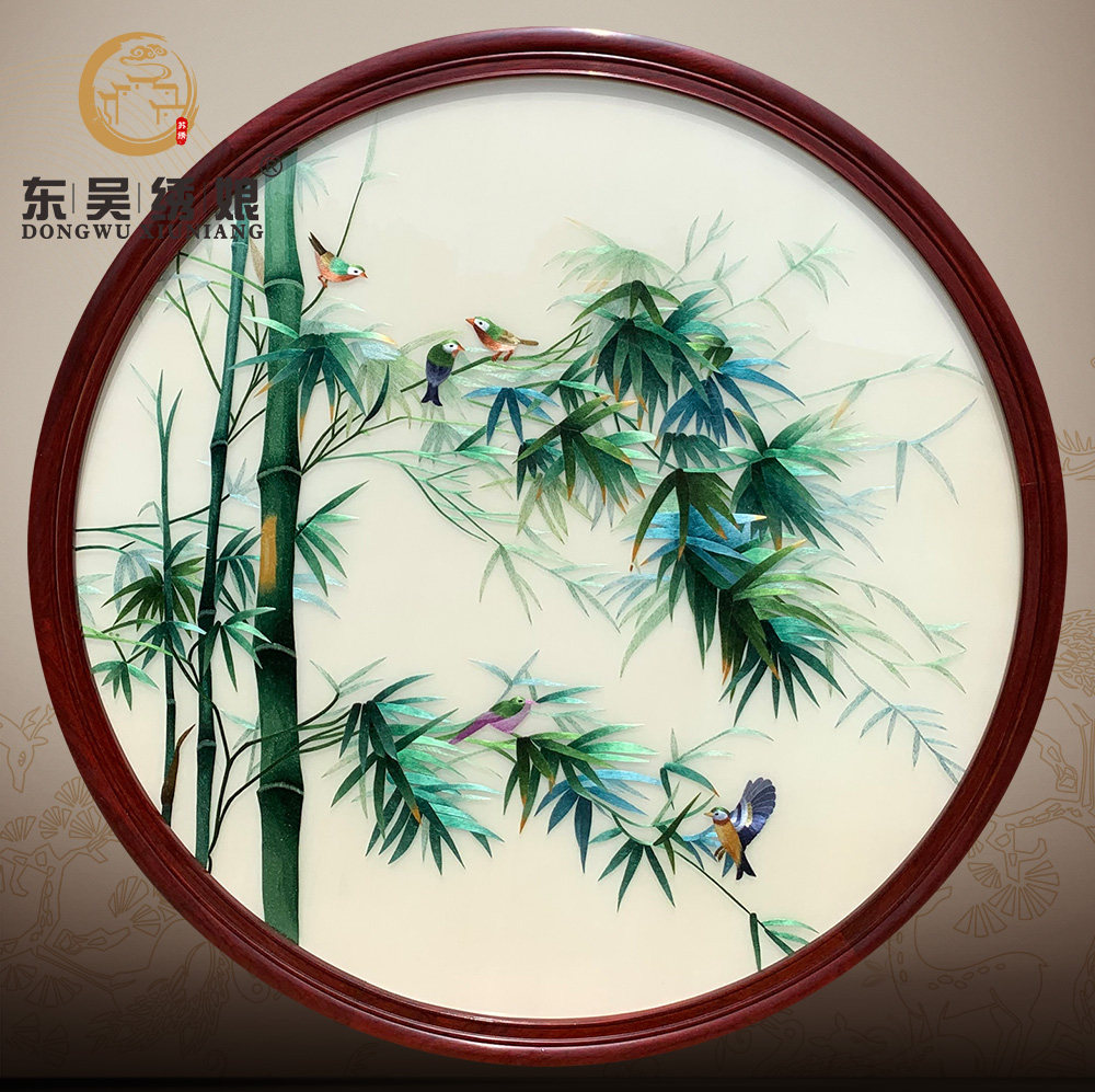 刺绣苏绣竹报平安红木框挂画纯手工成品中式风格客厅书房竹子花鸟
