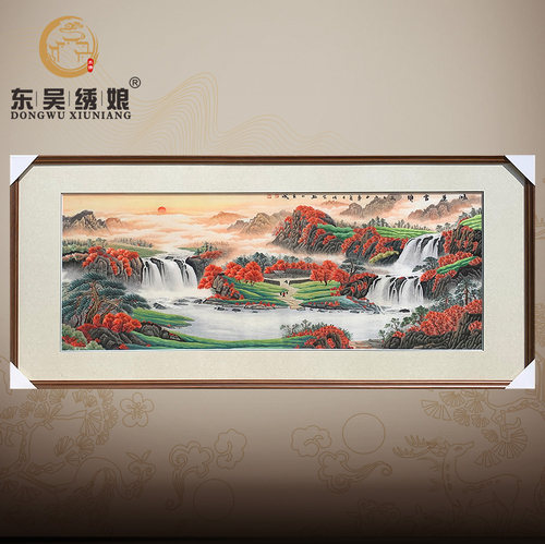 大幅苏绣刺绣山水风景壁画办公室书房背景墙装饰成品手工鸿运当头