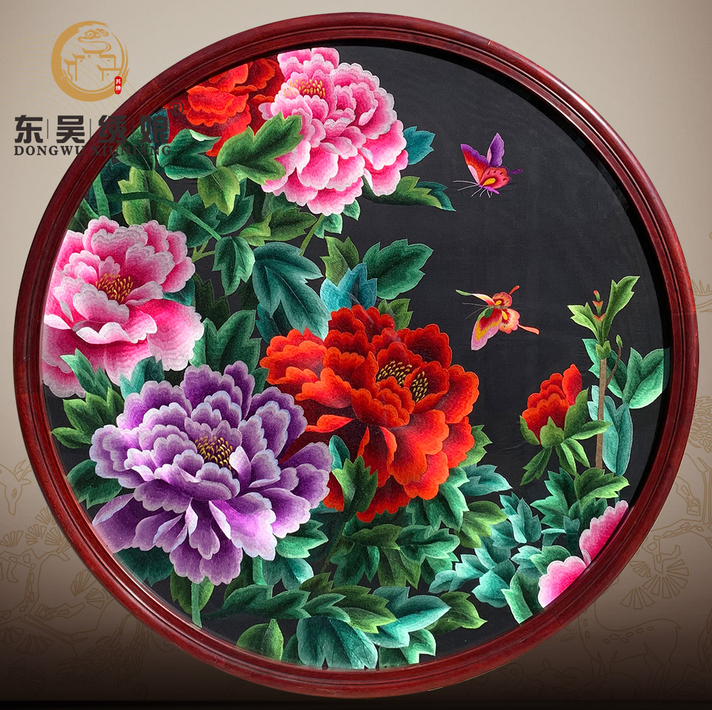 大幅荣华富贵挂画纯手工成品刺绣牡丹花装饰客厅沙发背景墙苏绣