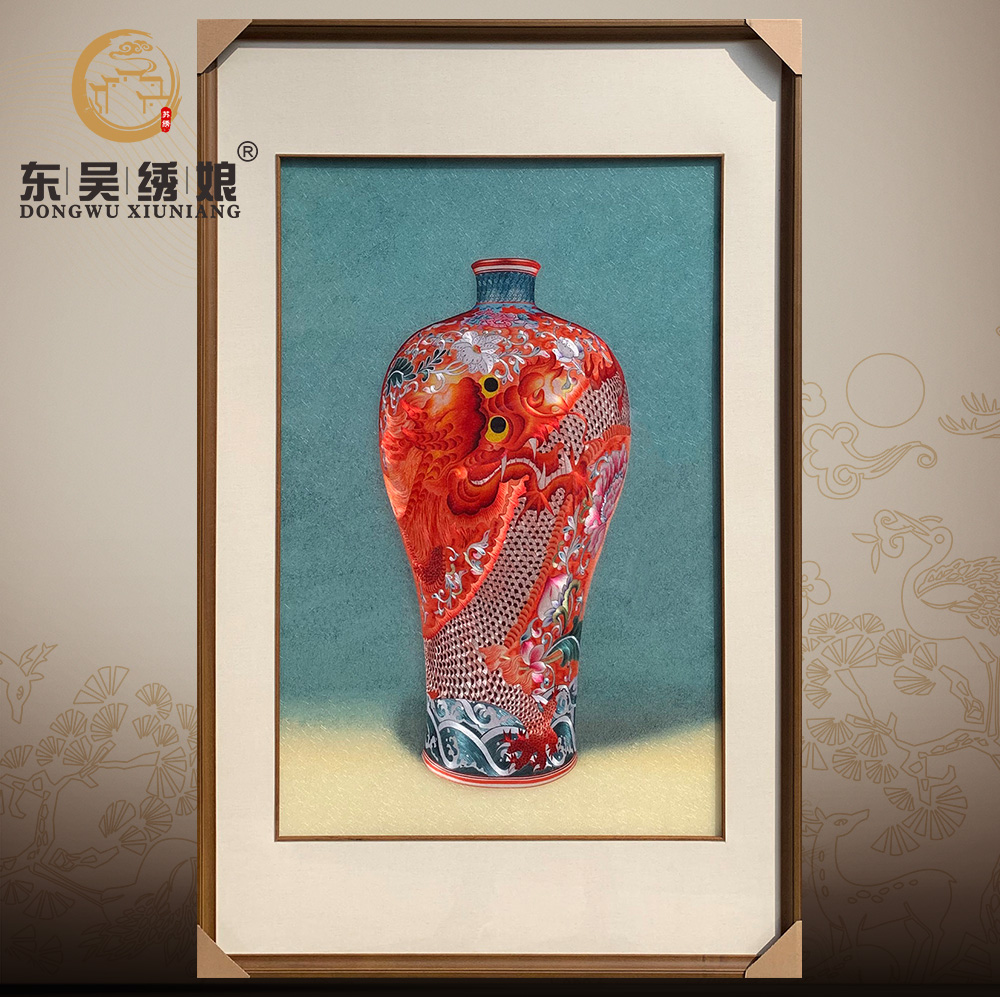 东吴绣娘手工刺绣苏绣别墅书房办公室玄关中式装饰成品花瓶壁画图片
