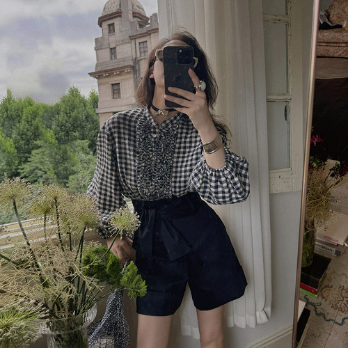 TOP家 复古文艺 法式田园休闲风慵懒感褶皱木耳边色织格子衬衫女