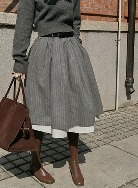 TOP家 J佳版型 法式时髦复古灰色系条纹拼接羊毛大摆半身裙送腰带