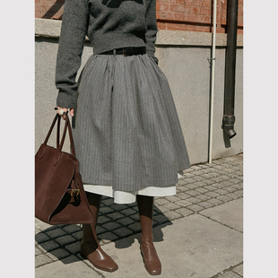 法式 型 时髦复古灰色系条纹拼接羊毛大摆半身裙送腰带 J佳版 TOP家