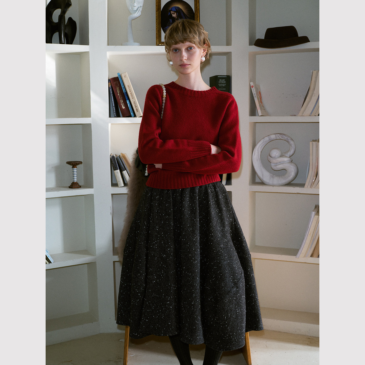 TOP家 优雅廓形 法式浪漫复古立体剪裁松紧腰 羊毛混纺花苞半身裙