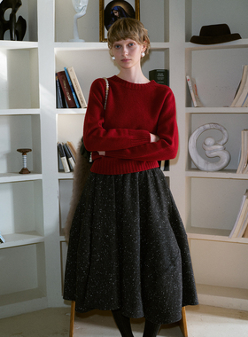 TOP家 优雅廓形 法式浪漫复古立体剪裁松紧腰 羊毛混纺花苞半身裙