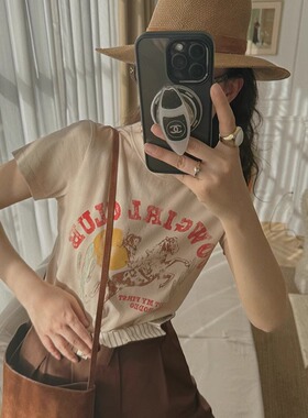 TOP家 be myself 法式时髦复古做旧印花纯棉正肩圆领短袖t恤女夏