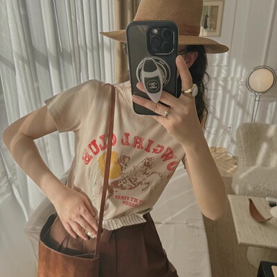 TOP家 be myself 法式时髦复古做旧印花纯棉正肩圆领短袖t恤女夏