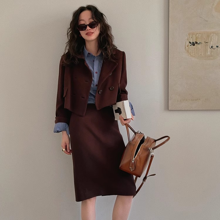 TOP家  法式复古miu系棕色荃羊毛短款夹克/大衣/半身裙秋冬新款