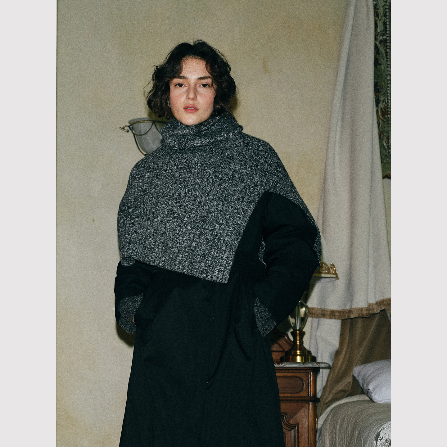 TOP家 秋冬造型单品 复古极简老钱风 叠穿羊毛高领保暖披肩围脖