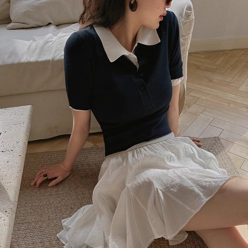 TOP家 经典老钱风 法式复古优雅美丽诺羊毛 POLO领短袖针织衫