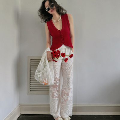 TOP家 朦胧美感 法式浪漫复古不规则微雕镂空蕾丝拼接长裤/包女