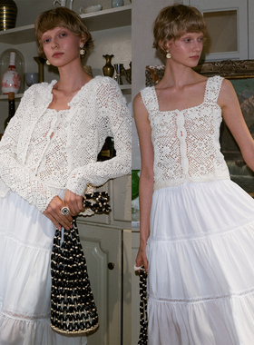 TOP家 秘境花园 法式复古 荃手工立体镂空花朵针织开衫+背心吊带