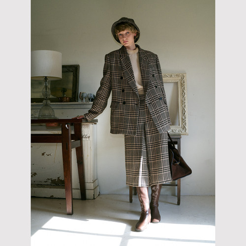 TOP家 经典老钱风 复古时髦格纹羊毛天丝混纺西装外套+七分阔腿裤