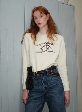 TOP家 马术精神 美式复古髦简约手工刺绣 荃羊毛时圆领套头针织衫