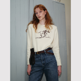 荃羊毛时圆领套头针织衫 TOP家 复古髦简约手工刺绣 美式 马术精神