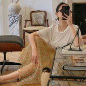 浪漫雏菊印花口袋 TOP家 法式 镂空花边拼接落肩纯棉雪花纱白色t恤