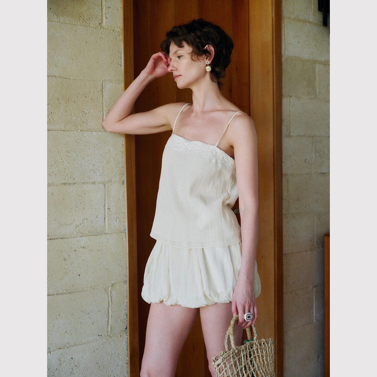 TOP家 闲适氛围 法式复古假日风压褶肌理蕾丝吊带背心/花苞短裤,女装/女士精品,时尚套装,淘宝优惠券,粉丝福利购,淘宝优惠卷