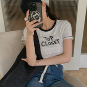 法式 时髦复古 撞色绣花logo TOP家 螺纹小圆领正肩显瘦短袖 T恤