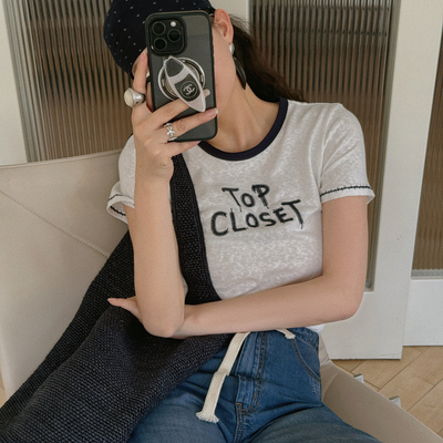 TOP家 法式时髦复古 撞色绣花logo 螺纹小圆领正肩显瘦短袖T恤