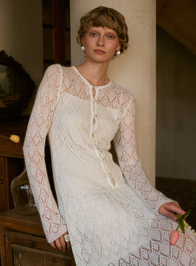 TOP家 女主角连衣裙 法式复古精致浪漫 低腰结羊毛混纺针织长裙