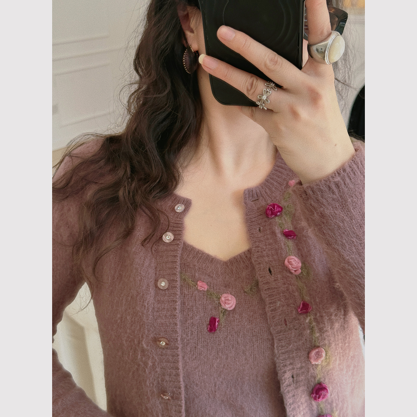 TOP家柔雾美感 vtg藤曼丝绒玫瑰花进口安哥拉兔毛羊针织吊带/开衫