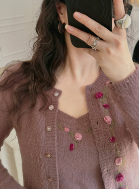 TOP家柔雾美感 vtg藤曼丝绒玫瑰花进口安哥拉兔毛羊针织吊带/开衫