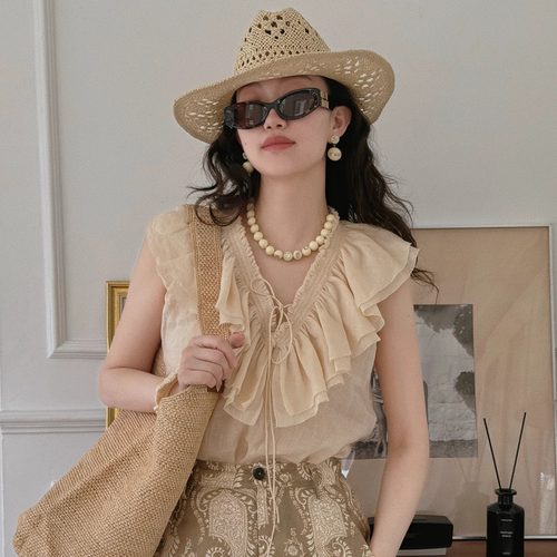 TOP家 法式浪漫层叠荷叶边100%苎麻 复古深V领系带杏色无袖背心