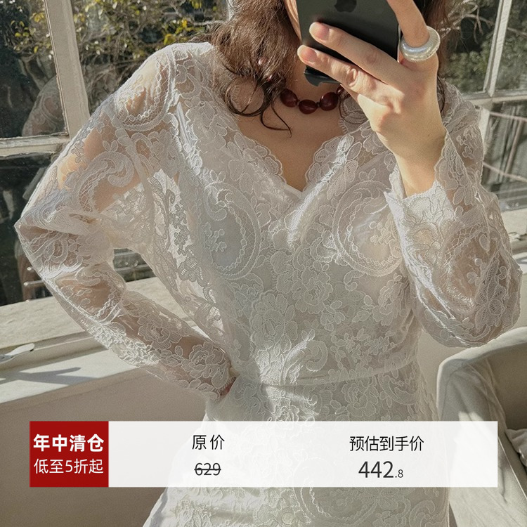 TOP家 法式浪漫宫廷风绣花蕾丝深V领交叉围裹式蝙蝠袖包臀连衣裙