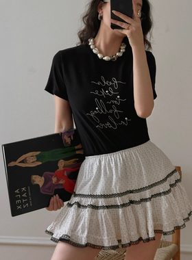 TOP家 波尔卡小圆点 法式浪漫复古松紧腰a摆印花蕾丝花边蓬蓬半裙
