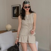 显瘦假两件裙裤 TOP家 复古条纹收腰方领马甲 法式 时髦好穿