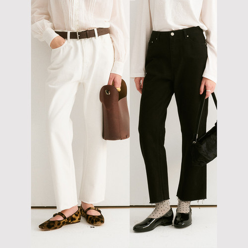 TOP家 自由着装 法式复古极简高密度纯棉斜纹烟管显瘦牛仔裤秋冬