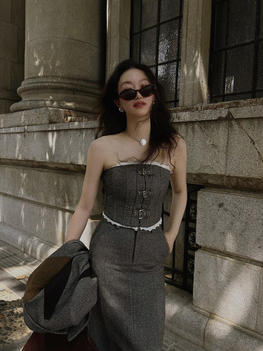 TOP家艺术拼色宽松毛呢西装套装