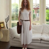 TOP家 法式 浪漫复古极简纯白系带一字肩a字大摆连衣裙送流苏腰带