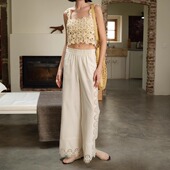 法式 浪漫复古 重工马德拉绣花宽松t恤 TOP家 松紧腰棉麻阔腿裤