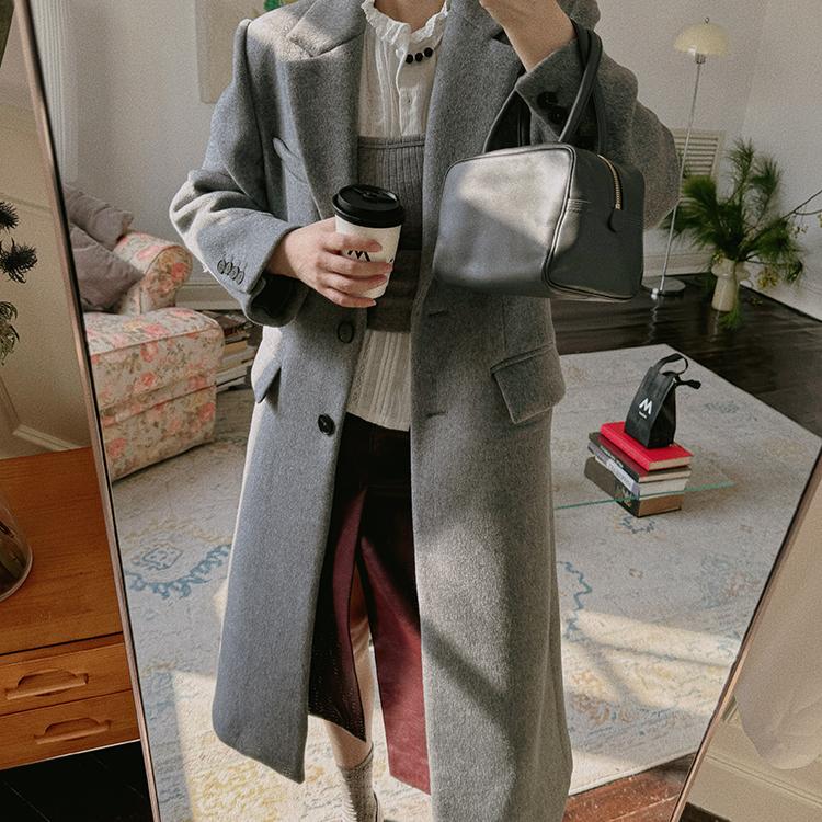 TOP家 经典简约 法式优雅100%澳毛浅花灰双面呢H型中长款大衣女冬