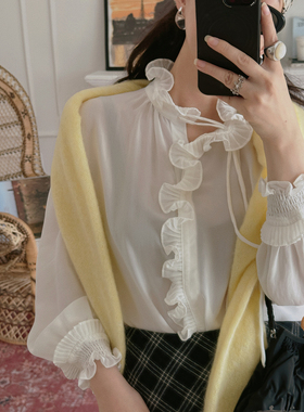 TOP家【阚清子同款】甜美柔和 法式复古宫廷木耳边长袖醋酸衬衫女